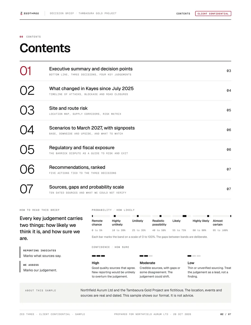Sample report page 2: Contents and how to read the brief