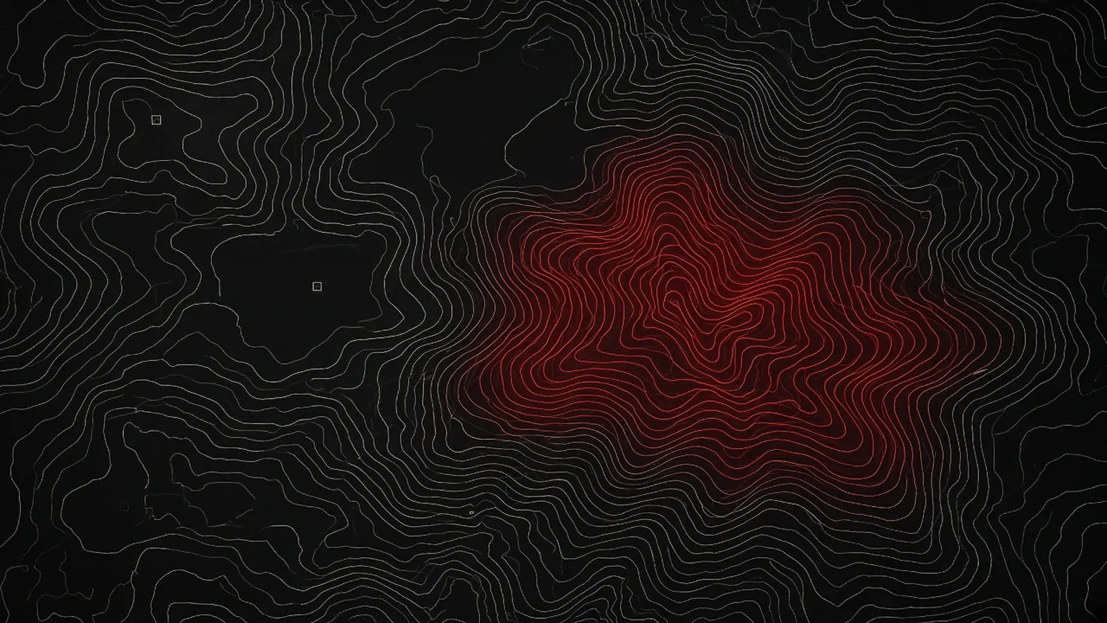 Stylised topographic contour map with a single red hotspot